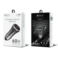Fonte Veicular Premium HREBOS 60W Usb-C Usb-CB CRV-203