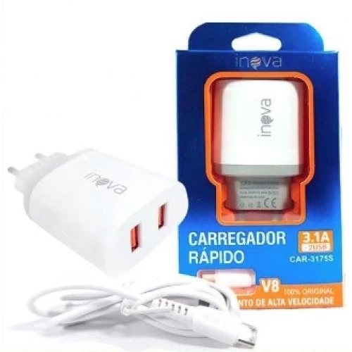 Carregador Rápido Inova 3.1A V8 Alta Velocidade 2 Entradas USB Car-3175S